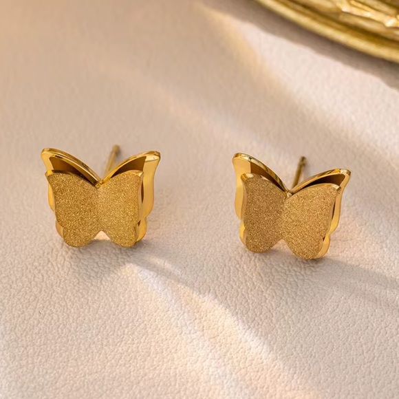 Gold Butterfly Stud Earrings - Picture 2 of 6